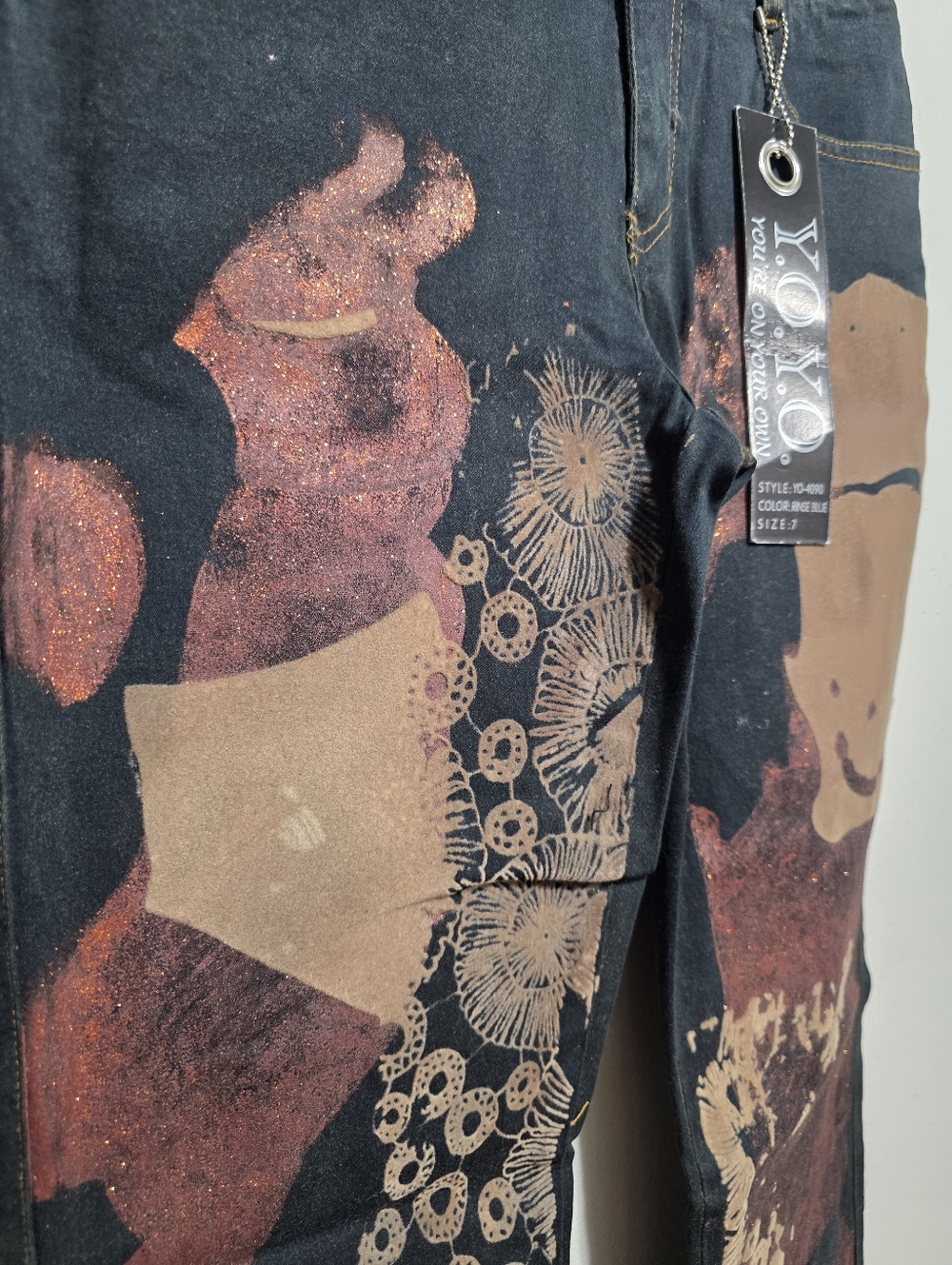 NWT! YOYO Juniors Size 7 Abstract Print Flare Jeans Brown Black Boho Denim - Picture 6 of 6